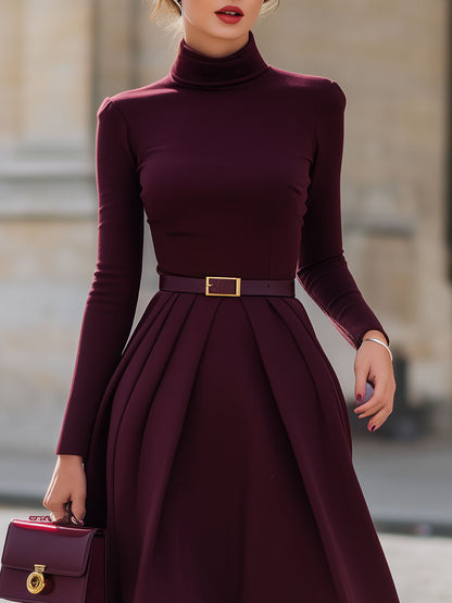 Mooyius Presents The Burgundy Belted Midi Dress With Pleated Skirt