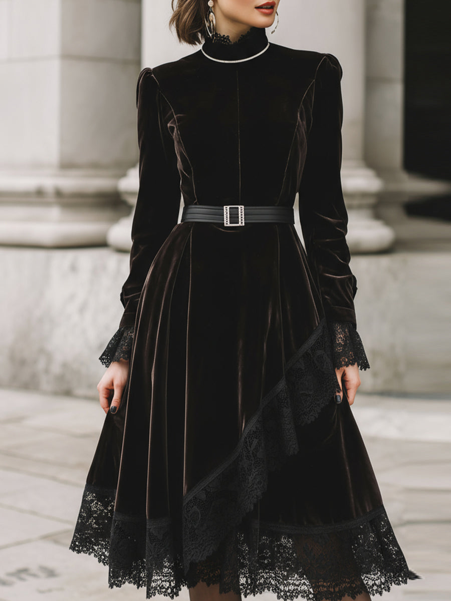 Black Velvet Lace-Trim Dress With Belt