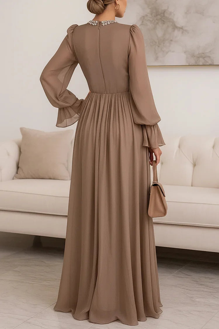 Diamond Decor Lantern Sleeve Cinch Waist Party Maxi Dresses