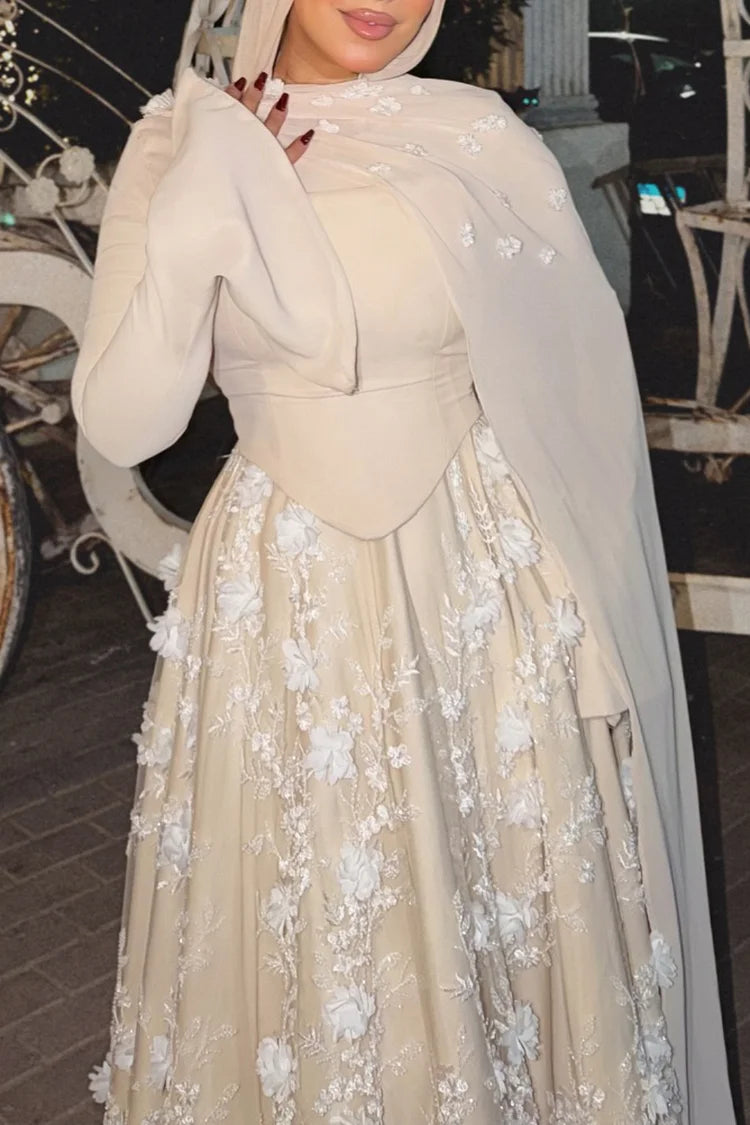 3D Floral Embroidery Corset Streamer Slit Cuff Party Maxi Dress