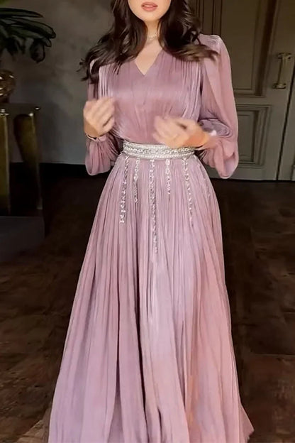 Rhinestone Chain Fringe Belt V Neck Long Sleeve Maxi Dresses-Pink