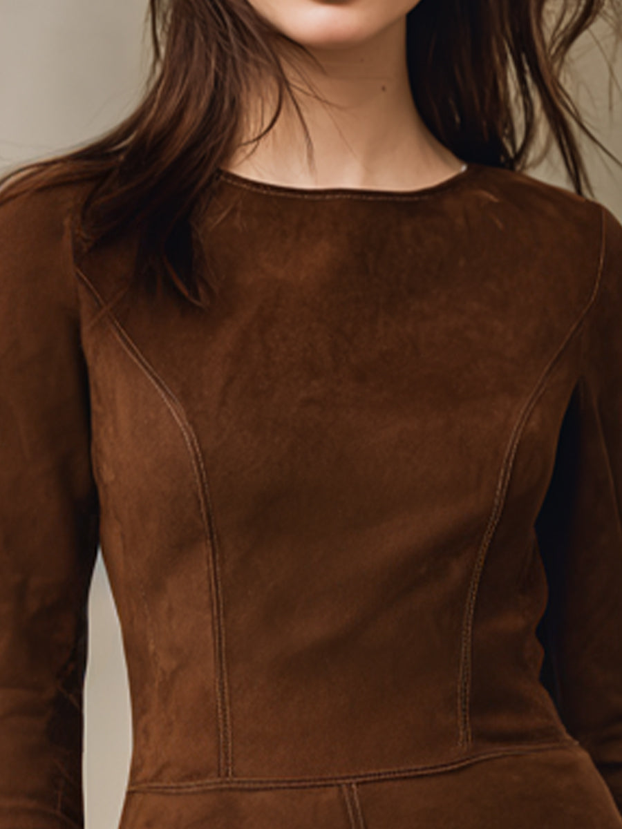 Stylish Faux Suede Long Sleeve Mini Dress