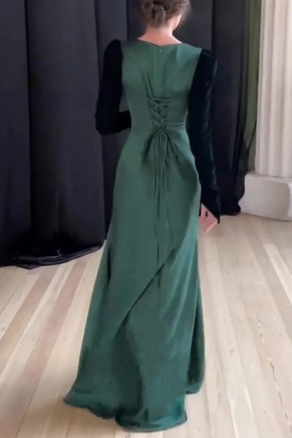 Color Matching Square Neck Patchwork Lace Up Maxi Dresses