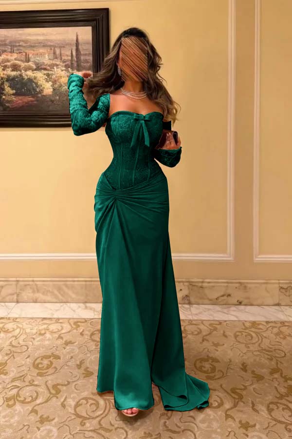 Sweetheart Strapless Long Sleeves Long Pleated Mermaid Prom Dress With Bow