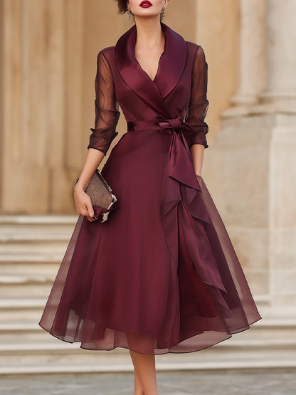 Elegant Wrap Midi Dress With Sheer Sleeves
