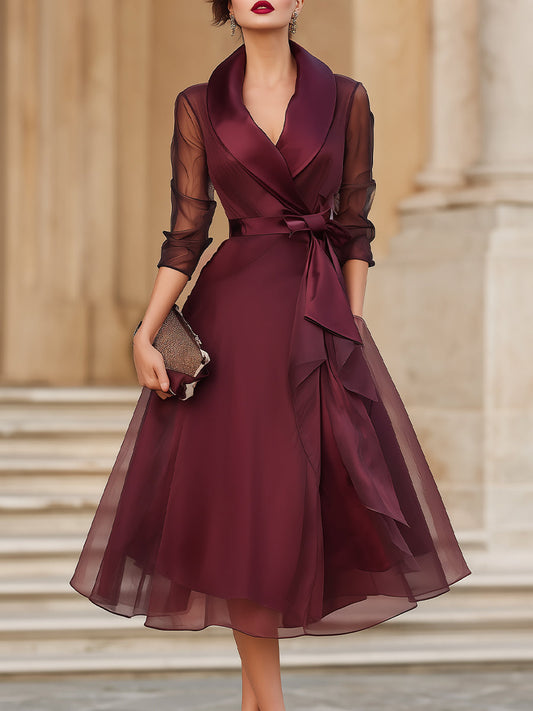 Elegant Wrap Midi Dress With Sheer Sleeves