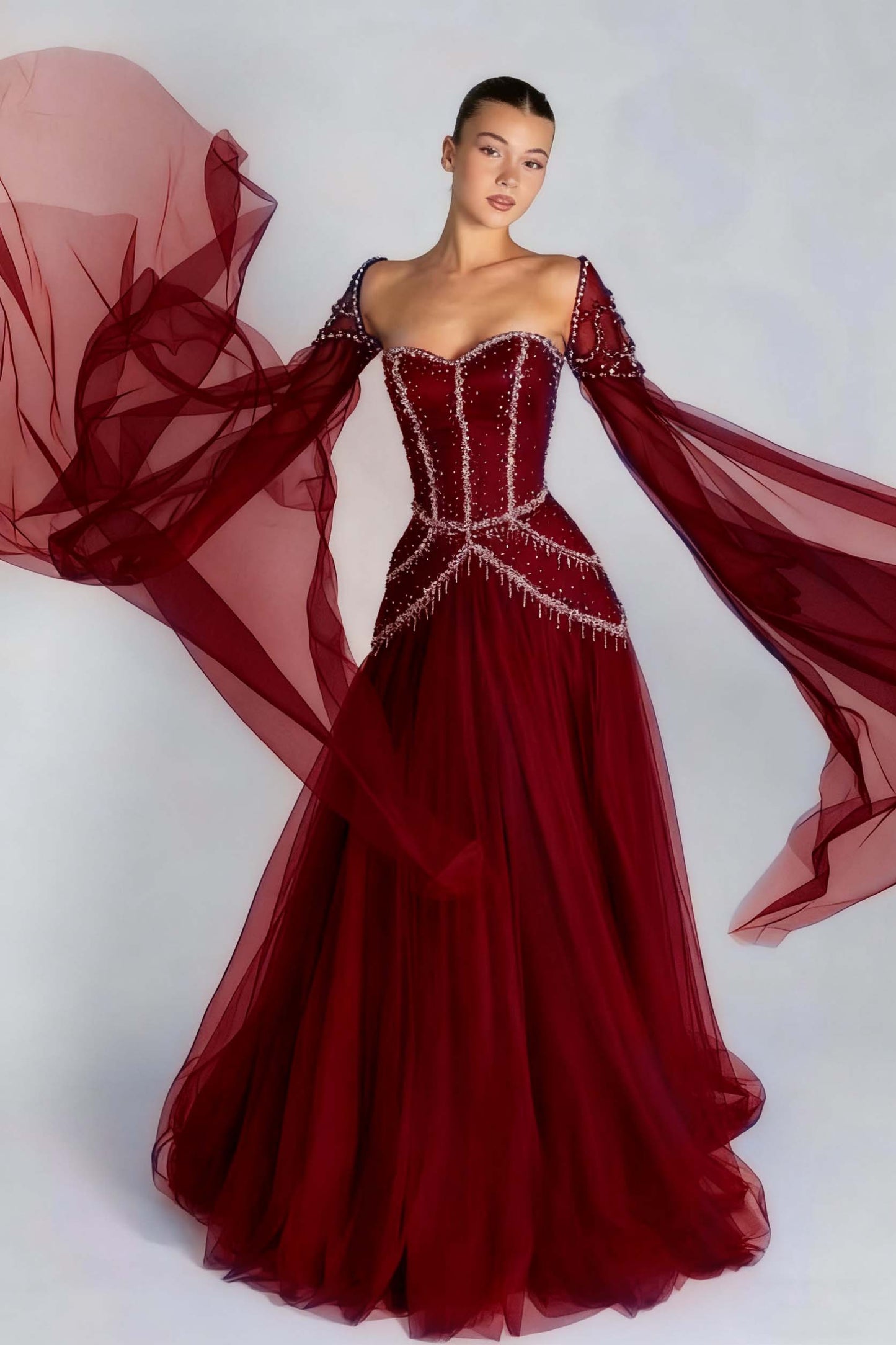 Long Sleeves Sweetheart Long A Line Prom Dress With Pleated Beading