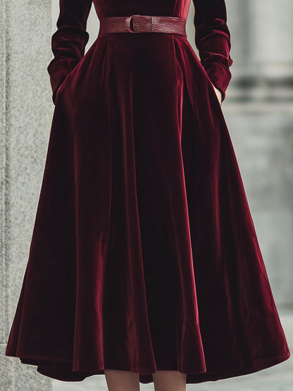 Burgundy Velvet Dress With A Belt
