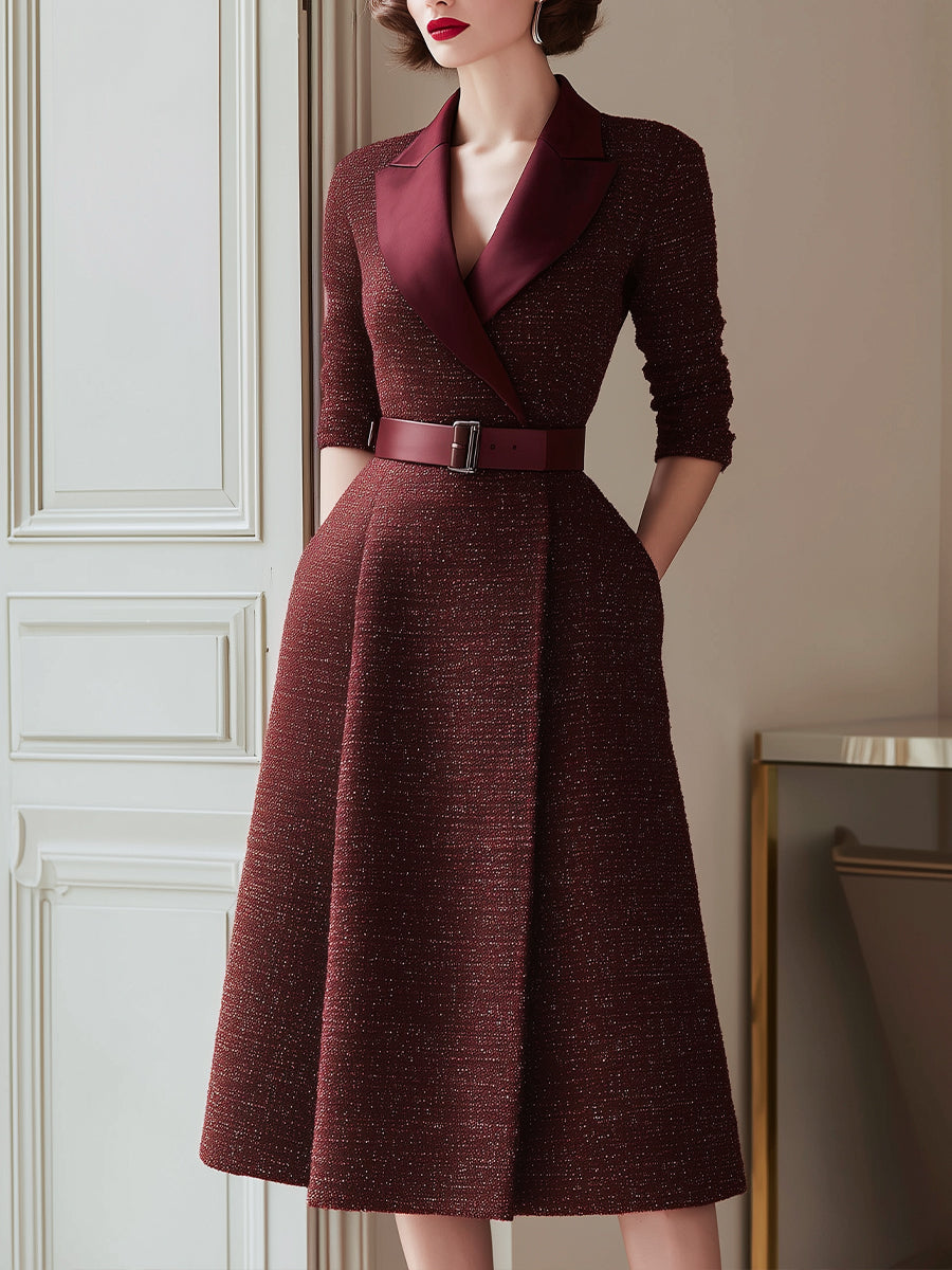 Burgundy Textured A-Line Midi Dress With Satin