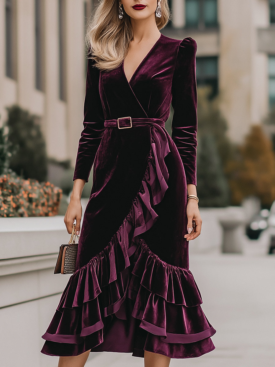 VOS LEE Ruffle-Wrap Velvet Midi Dress In Wine Plum