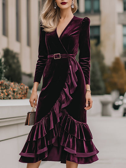 VOS LEE Ruffle-Wrap Velvet Midi Dress In Wine Plum