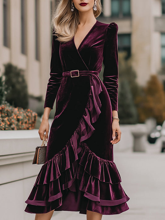 VOS LEE Ruffle-Wrap Velvet Midi Dress In Wine Plum