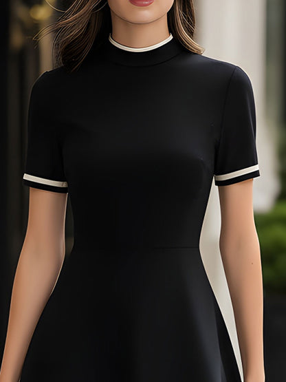 Mock Neck Contrast Trim Fit & Flare Mini Dress