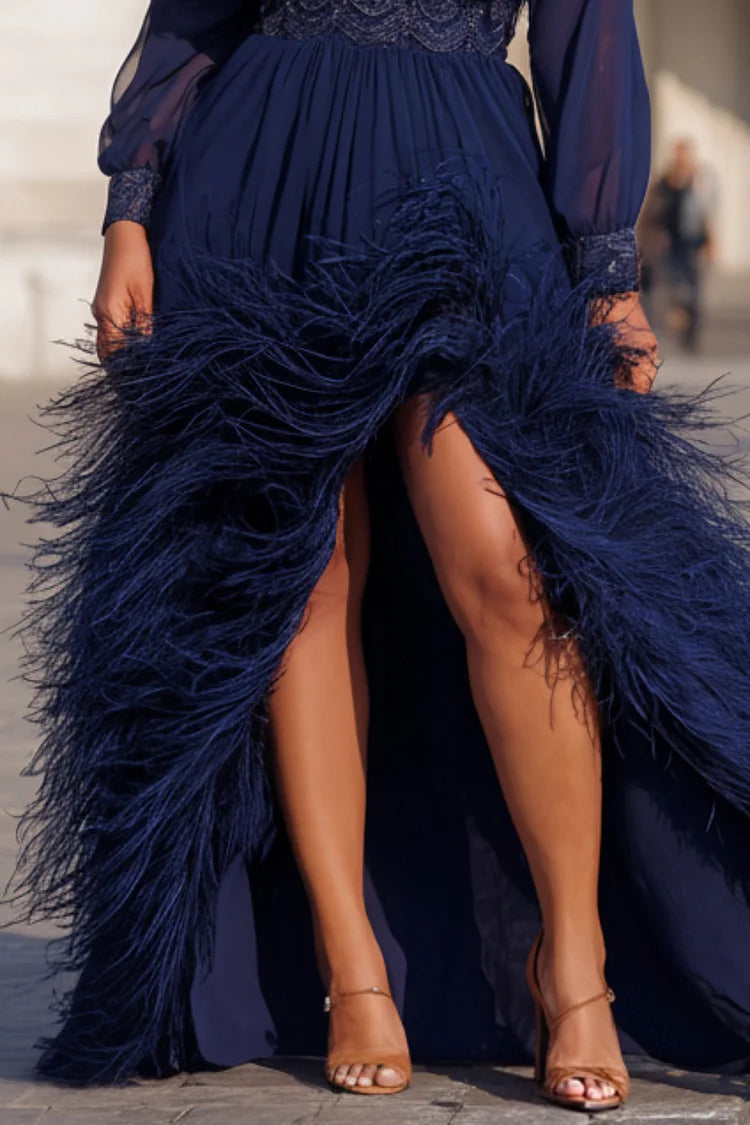 Formal Navy Blue Round Neck Long Sleeve Feather Split Chiffon Maxi Dress