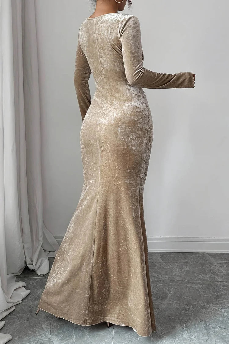 Pearl Decor Ruched Pleated Round Neck Long Sleeve Velvet Party Maxi Dress