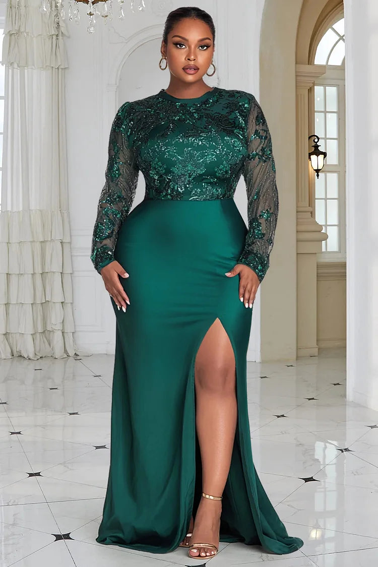 Green Round Neck Long Sleeve Split Elegant See Through Sequin Maxi Dress