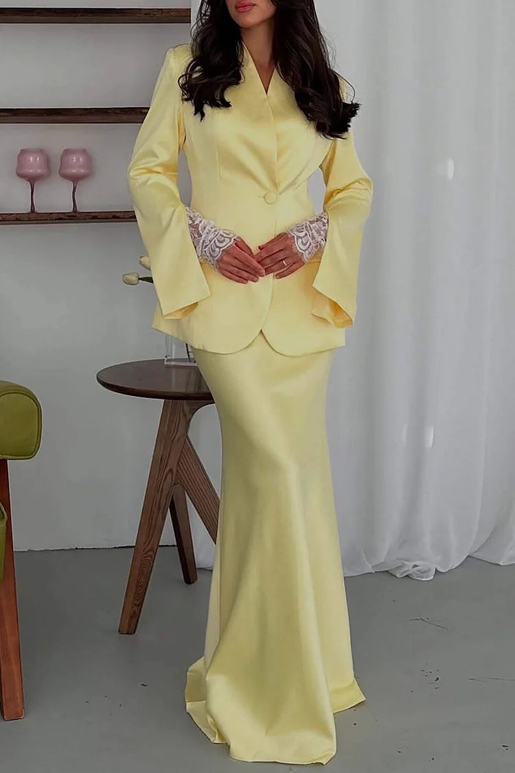 V Neck Slit Long Sleeve Blazer Solid Color Satin Maxi Dress
