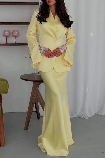 V Neck Slit Long Sleeve Blazer Solid Color Satin Maxi Dress