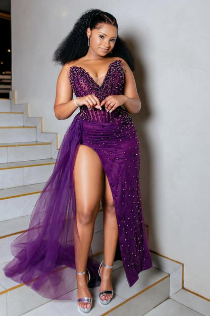 Sleeveless Strapless Mermaid Long Prom Dress With Beading Split