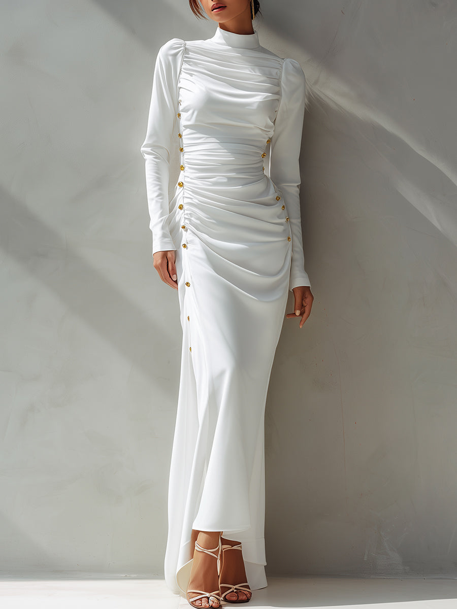 High-Neck Ruched Maxi Gown With Gold-Tone Button Detailing