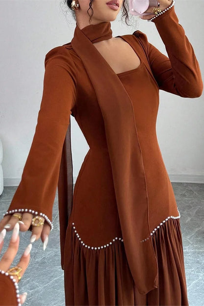 Pearl Beads Embroidery Square Neck Pleated Long Sleeve Maxi Dress