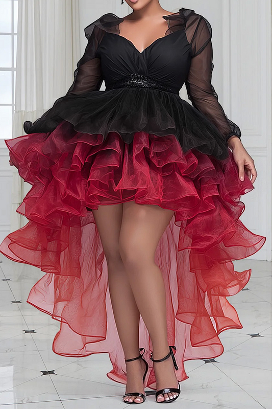 Party Black Gradient V Neck Long Sleeve High Low Hem Elegant Ruffle Tulle Mini Dresses