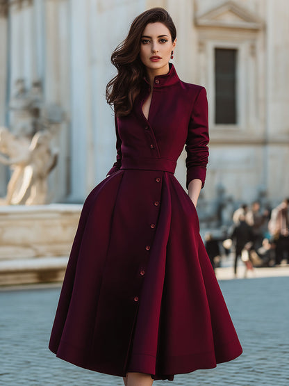 Elegant Band Collar Button-Down Midi Dress With Belt