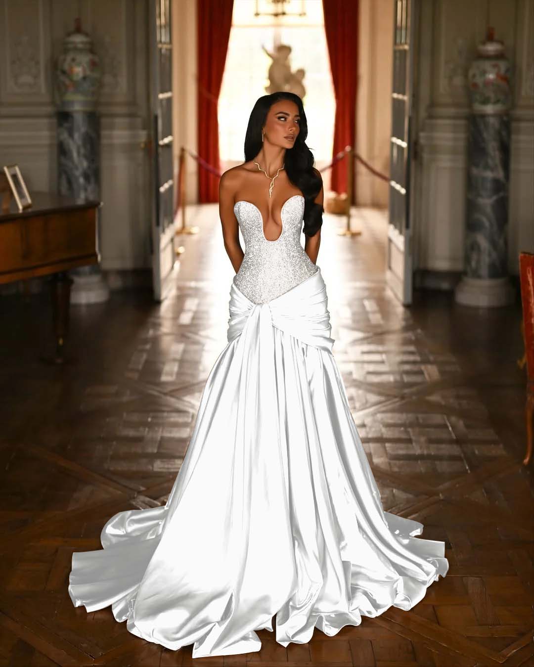 V-Neck Strapless Sleeveless Long Pleated Mermaid Prom Dress With Ruffles And Beadings