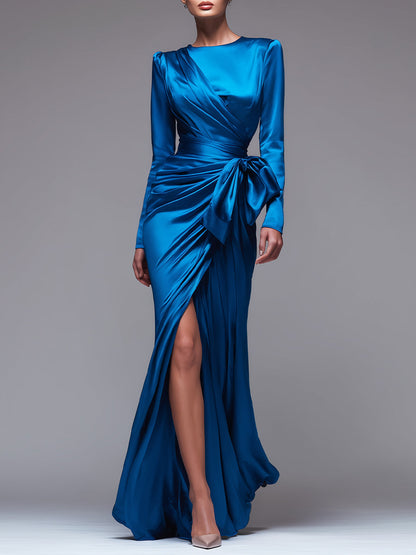 Sapphire Draped Satin Gown With Side Bow Detail And High Slit