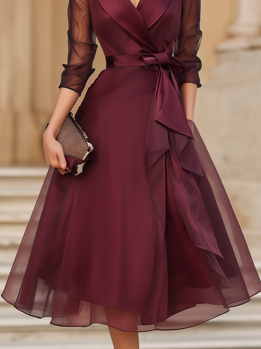 Elegant Wrap Midi Dress With Sheer Sleeves