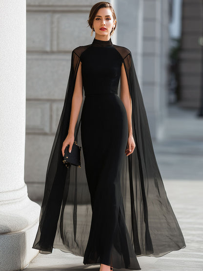 Mooyius High Neck Sheer Capelet Mermaid Gown