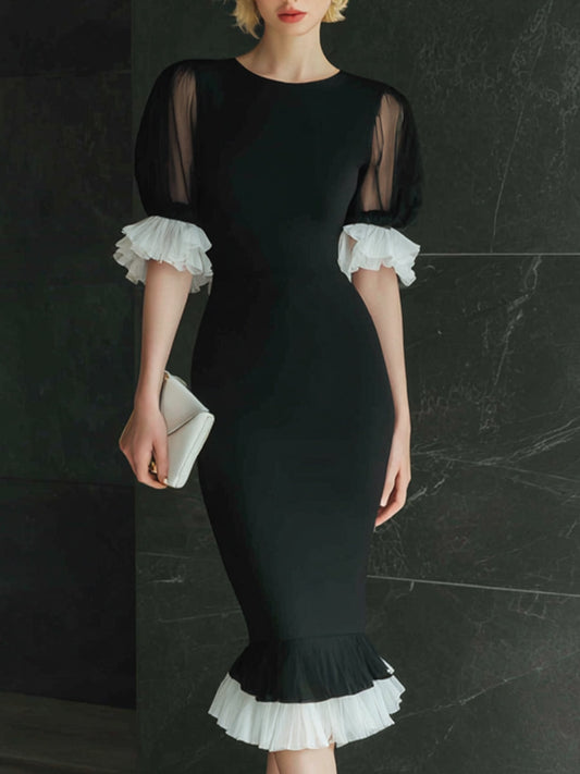 Black Midi Dress With Sheer Puff Sleeves And Pleated Trim