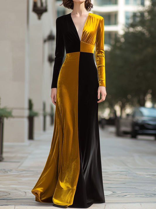 Black And Gold Velvet Colorblock Evening Gown