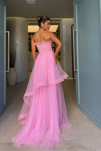 Hidais Chic Tulle Strapless Sleeveless Long Prom Dress With Pleated