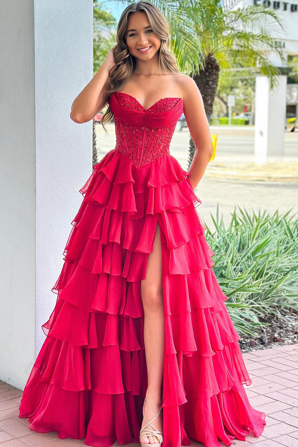 Gorgeous A Line Sweetheart Red Chiffon Tiered Prom Dress with Appliques