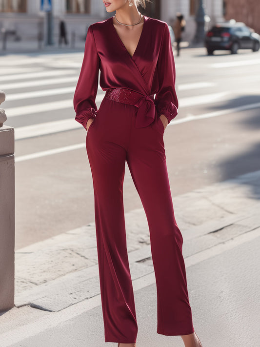 Wrap-Front Belted Long Sleeve Jumpsuit