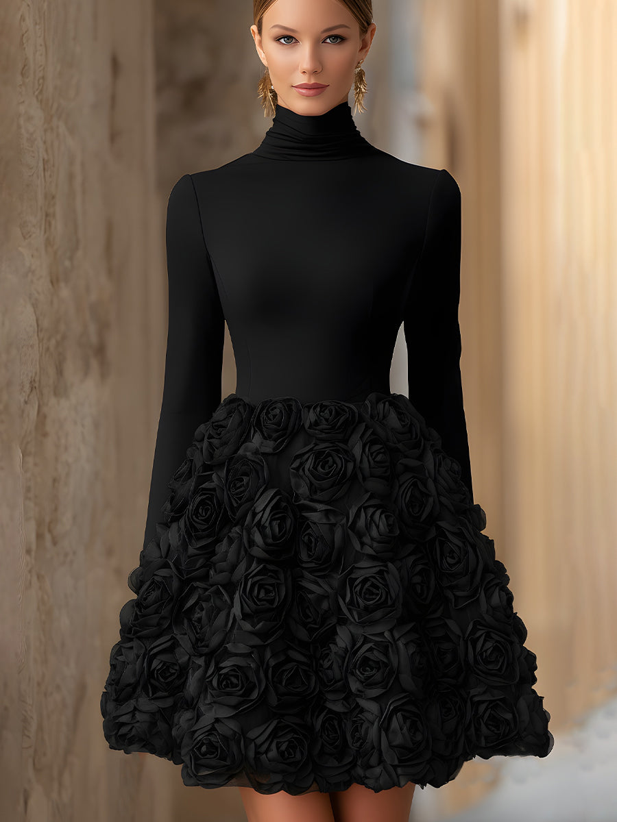 High-Neck Sculpted Rose Appliqué Mini Dress