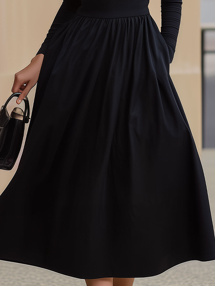 Sleek Black Cowl-Neck Long-Sleeve Midi Dress