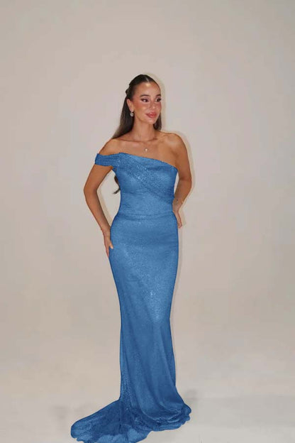 Sequins One Shoulder Sleeveless Long Mermaid Prom Dress With Pleated