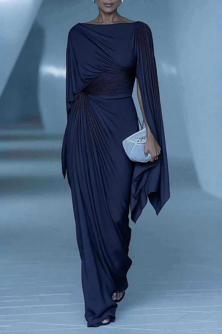 Asymmetric Cape Sleeve Ruched Waist Pleated Boat Neck Maxi Dresses