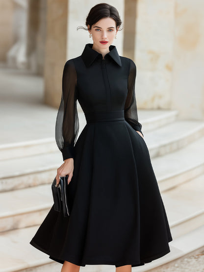 Elegant A-Line Midi Dress With Sheer Sleeves