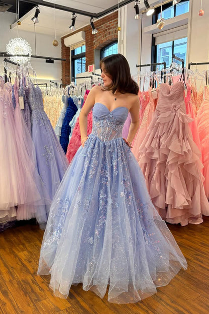 A Line Sweetheart Tulle Prom Dress with Appliques