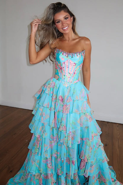 New Arrival A Line Scoop Neck Floral Chiffon Prom Dress with Beading