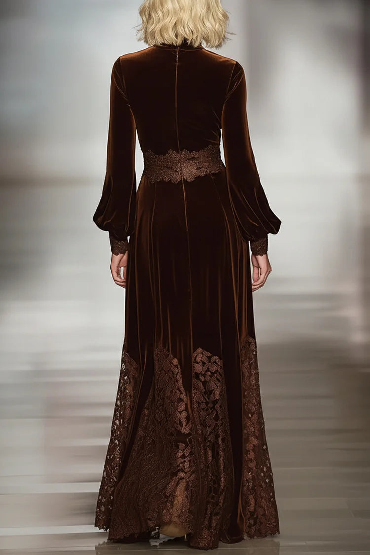 Lace Patchwork Turtleneck Balloon Sleeve Velvet Maxi Dress