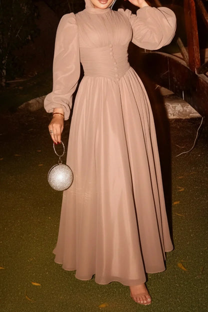 Puff Sleeve Ruched Button Decor Mock Neck Party Maxi Dress