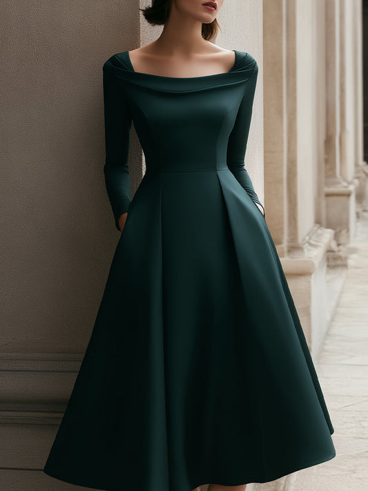 Off-Shoulder Pleated Forest Green Midi Dress