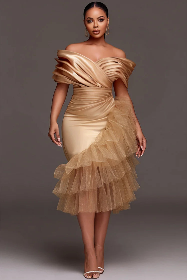Champagne Off The Shoulder Ruffle Elegant Contrast Satin Midi Dress