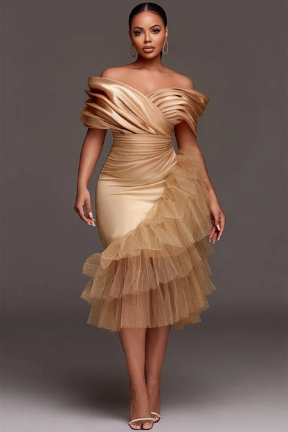 Champagne Off The Shoulder Ruffle Elegant Contrast Satin Midi Dress
