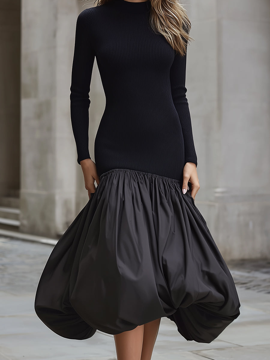 Black Knit And Taffeta Contrast Bubble Hem Dress