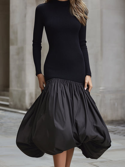 Black Knit And Taffeta Contrast Bubble Hem Dress